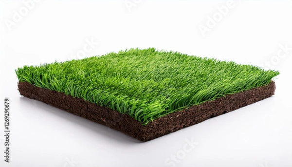 Fototapeta side view of square artificial green grass covered brown soil ground isolated on white background