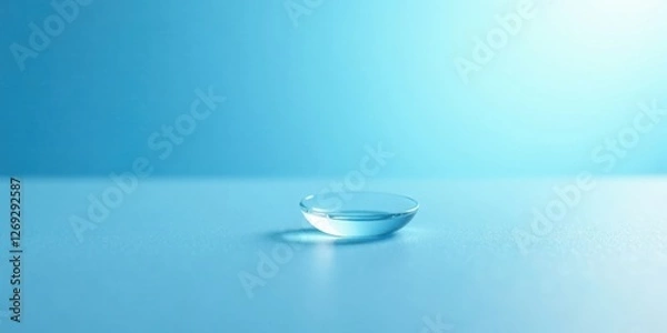 Obraz A Single Contact Lens in a Solution on a Smooth Surface Against a Light Blue Background