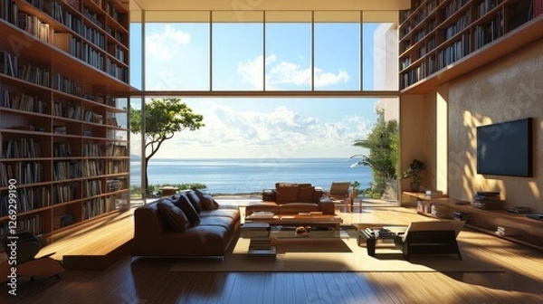 Fototapeta Luxurious living room beautiful view ocean has high bookshelf background home, Generative Ai