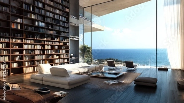 Fototapeta Luxurious living room beautiful view ocean has high bookshelf background home, Generative Ai