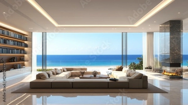 Fototapeta Luxurious living room beautiful view ocean has high bookshelf background home, Generative Ai