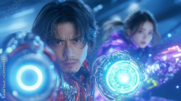 Fototapeta Futuristic Anime Characters Engaged in a Game