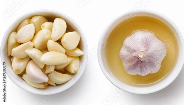 Obraz fresh chopped garlic on white bowl isolated on white background top view