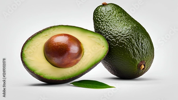 Fototapeta Whole avocado and a half avocado presented in isolation on a white canvas
