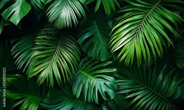 Fototapeta Deep green palm leaves create a lush tropical background with intricate details and a sense of depth evoking a natural exotic and summery vibe perfect for designs