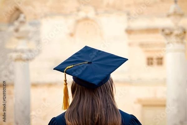 Fototapeta Back view of a young woman with a graduation cap against a blurred neutral background with copy space