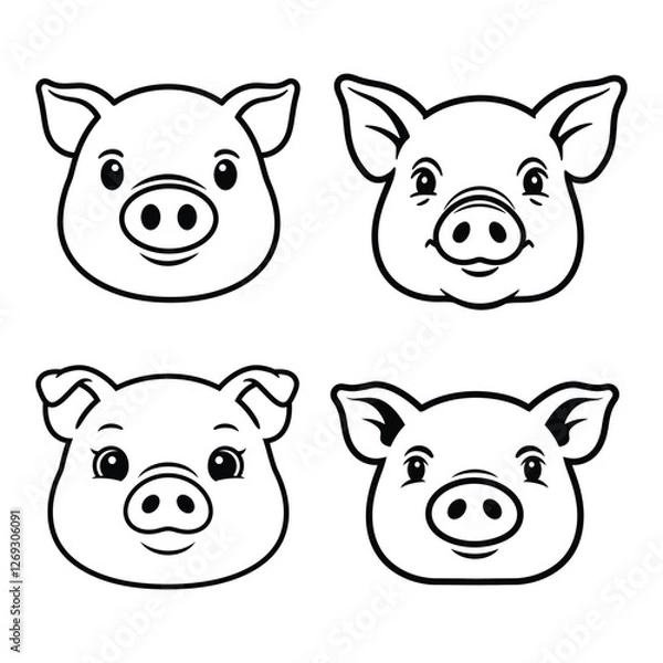 Fototapeta Pig line art face silhouette bundle.