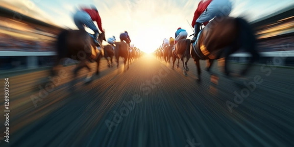 Fototapeta Horse racing or derby jockey riding a horse during a race or pre run. Blurred bokeh motion. Hand edited Ai image. 