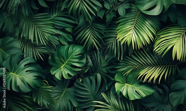 Fototapeta A lush tapestry of tropical foliage featuring vibrant green palm leaves and monstera creating a dense jungle backdrop with a sense of depth and natural beauty