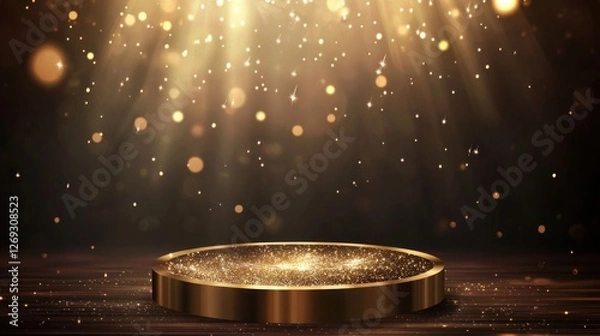 Fototapeta Golden Glitter Platform With Sparkling Lights Background