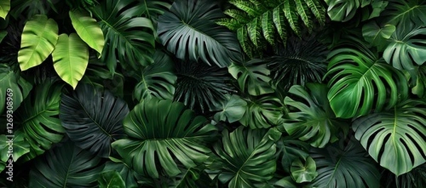 Fototapeta A lush tapestry of tropical foliage featuring vibrant green palm leaves and monstera creating a dense jungle backdrop with a sense of depth and natural beauty