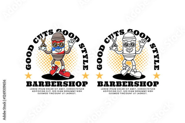 Fototapeta barber pole lamp retro cartoon character mascot illustration collection set with standing pose, holding hair cutting scissors and waving hand for hair cut and shave barbershop mascots and merchandise