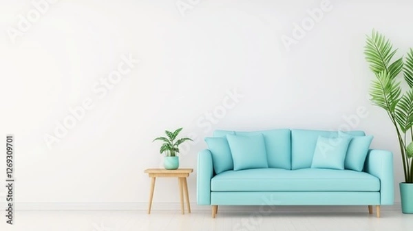 Obraz Minimalist Living Room with Blue Sofa and Green Plants