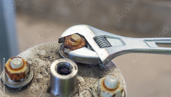 Fototapeta Adjustable wrench used to loosen a rusty bolt on a metal surface.