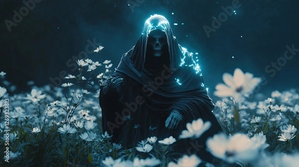 Fototapeta A Grim Reaper with glowing silver robes, standing in a field of white flowers