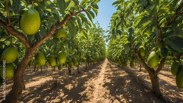 Fototapeta Mature avocado fruits developing on the tree as part of the harvest
