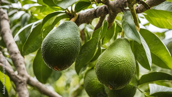 Fototapeta Avocado fruits in their ripe state growing on the tree as a crop