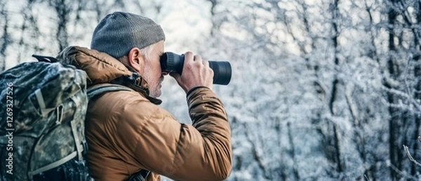 Fototapeta A Hunter in Frosty Wilderness Scanning the Landscape with Binoculars