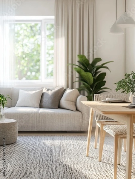 Fototapeta Real photo of dining table standing in bright living room interior with carpet, sofa with pillows, fresh plants and window with curtains
