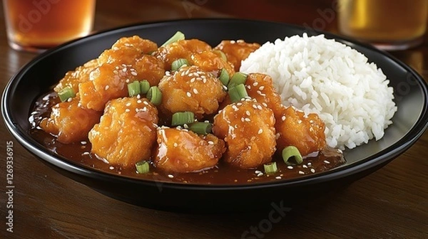 Obraz General Tso's Chicken, crispy exterior, glazed in tangy sweet and sour sauce, served with steamed rice and garnished with sesame seeds