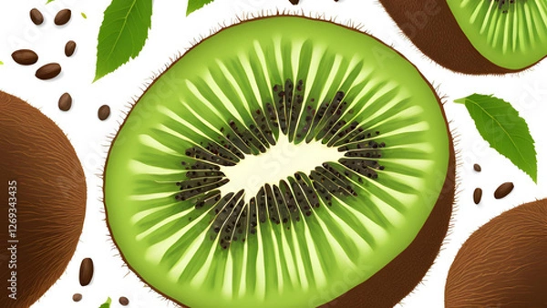Fototapeta A solitary kiwi fruit, halved, is displayed against a white background, complete with a clipping path for clarity