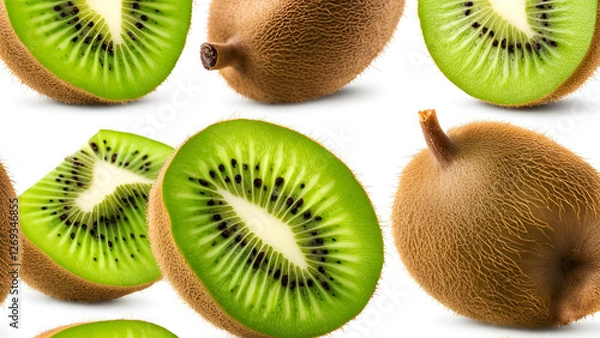 Fototapeta One kiwi, cut into halves, is isolated on a white background, with a clipping path ensuring a clean presentation