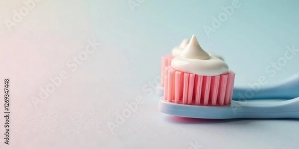Fototapeta Close-up of pink toothbrush heads with dollop of white paste on light blue background