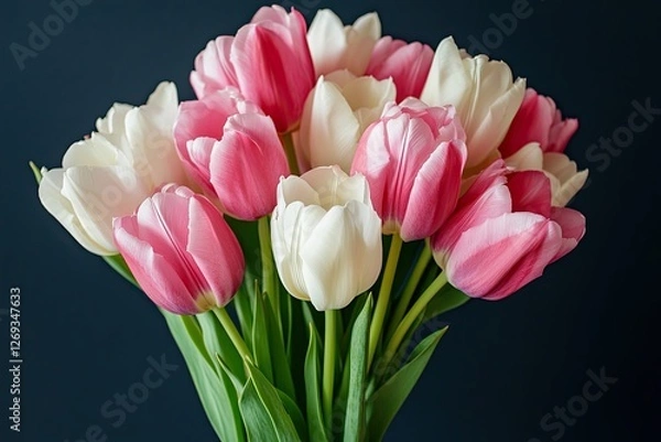 Fototapeta Bouquet of pink and white tulips on a dark background. Bouquet of fresh pink and white tulips close-up