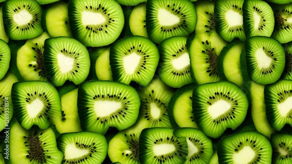 Fototapeta Numerous slices of kiwi create a richly textured background