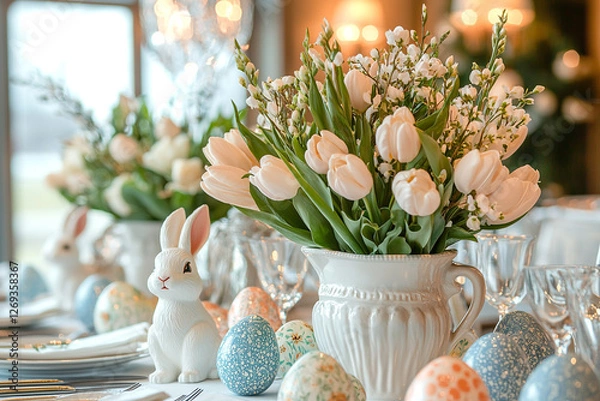 Fototapeta Easter bunny and easter eggs on white table, serving of Easter table