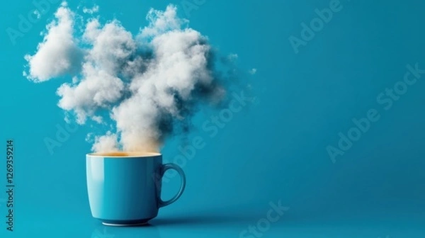 Fototapeta A steaming blue cup with clouds of vapor against a vibrant blue background, creating a cozy and inviting atmosphere.
