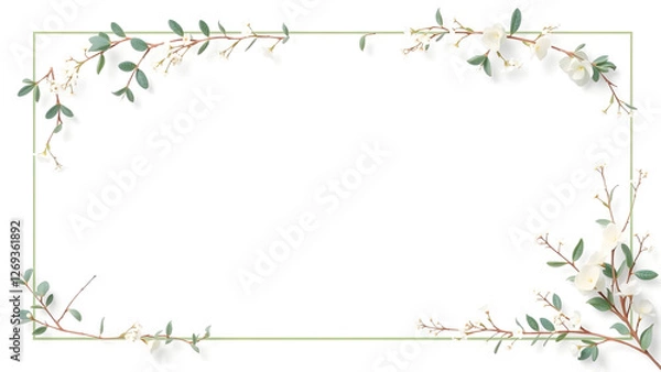Fototapeta Minimalist Sage Green Border with Eucalyptus Leaves and White Blossoms for Invitations & Certificates