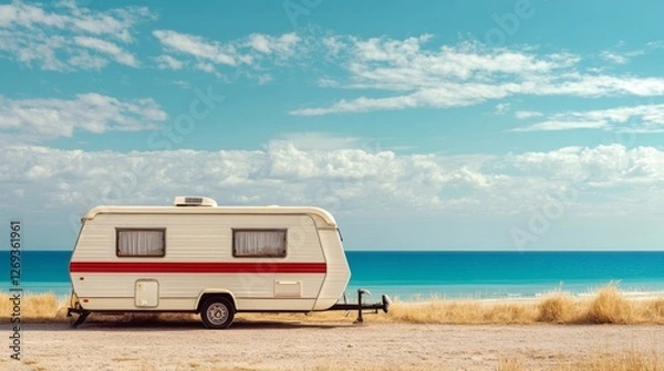 Fototapeta This image portrays a vintage caravan parked by a picturesque shoreline, capturing a nostalgic vacation vibe against a backdrop of azure skies and tranquil waters.