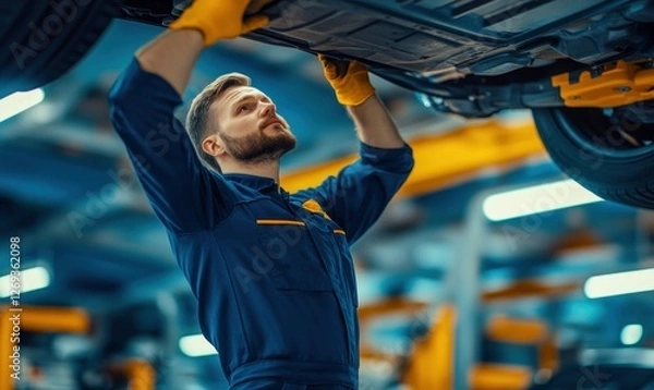 Fototapeta Mechanic Inspecting Car on Lift in Workshop