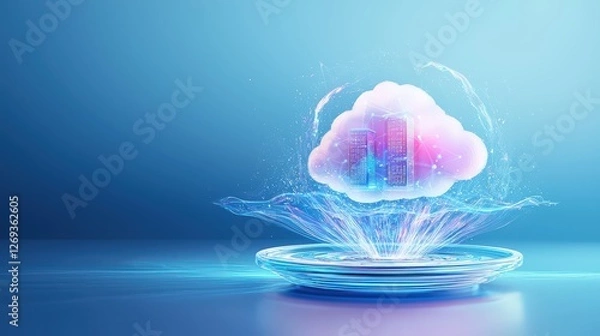 Fototapeta A futuristic 3D icon representing AI cloud services and cloud computing, featuring a supercomputer in a minimal gradient design, exuding positive energy, set on a blue background