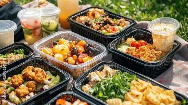 Fototapeta Various takeaway food containers with delicious dishes and drinks on a picnic blanket, ready for outdoor dining.