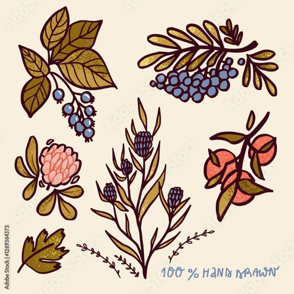 Fototapeta vector folk summer spring flowers set. isolated image. hahd drawn cartoon illustration.