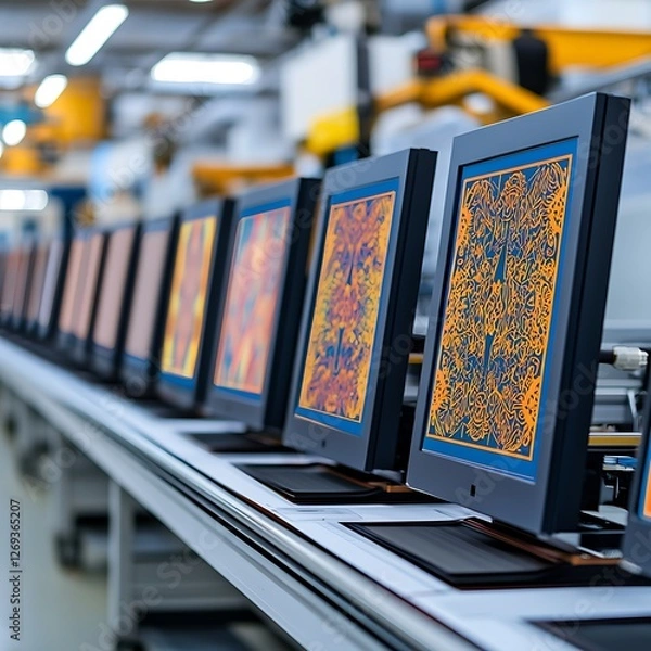 Obraz silkscreen printing technique Modern production line featuring multiple computer monitors displaying vibrant abstract art patterns.