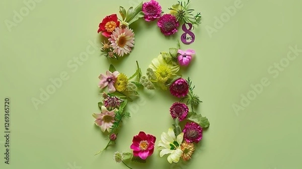 Obraz Colorful and Creative Number "8" Decorated with Flowers and Text "March" on Pastel Green Background in Flat Lay Composition with Detailed Texture and Natural Lighting for “International Woman‘s Day"