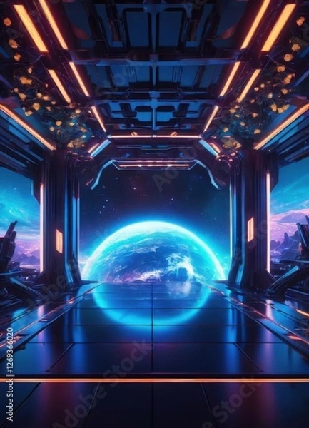 Fototapeta AI landscape seen from a spaceship, can see the stars outside the world, the interior of the spaceship is bright neon colors, beautiful picture, science fiction style.
