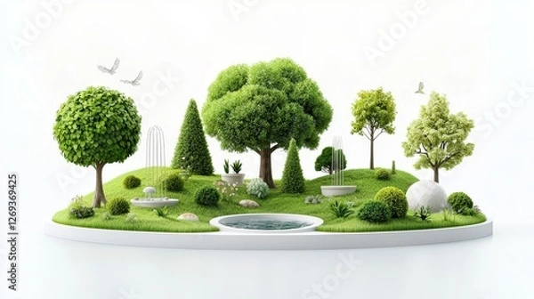 Fototapeta A refined 3D park icon collection with a soft gradient touch, illustrating outdoor spaces, trees, and water fountains, placed on a pure white background for an engaging and professional presentation.