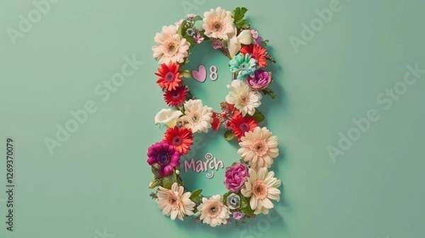 Obraz Colorful and Creative Number "8" Decorated with Flowers and Text "March" on Pastel Green Background in Flat Lay Composition with Detailed Texture and Natural Lighting for “International Woman‘s Day"
