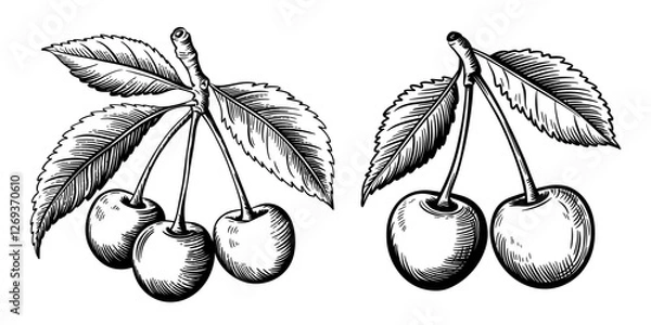 Fototapeta Cherry branches with leaves and berries, black and white engraving style. Vector vintage engraving style illustrations