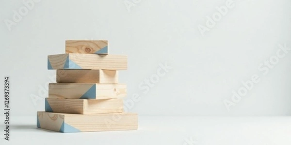 Fototapeta Stack of light wooden blocks with pastel blue accents on a minimalist background