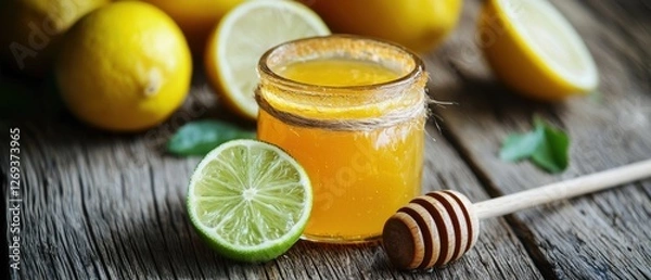 Fototapeta Experience a refreshing citrus drink made with honey and lime, beautifully presented in a rustic setting, perfect for showcasing vibrant flavors and summer vibes.