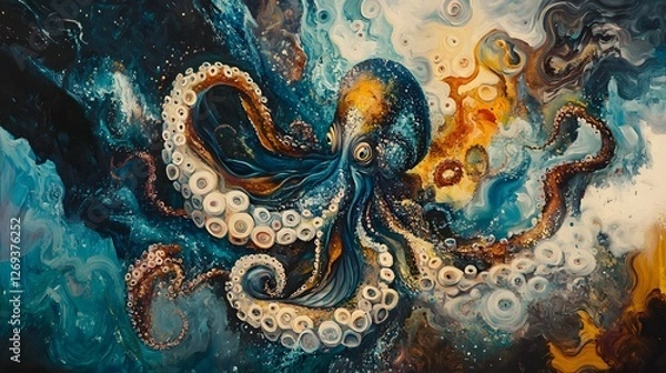 Fototapeta Mesmerizing Surreal Octopus with Intricate Swirling Tentacles in Vibrant Oil Painting