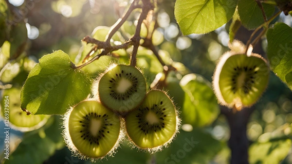 Fototapeta A kiwi tree adorned with its fruit and foliage