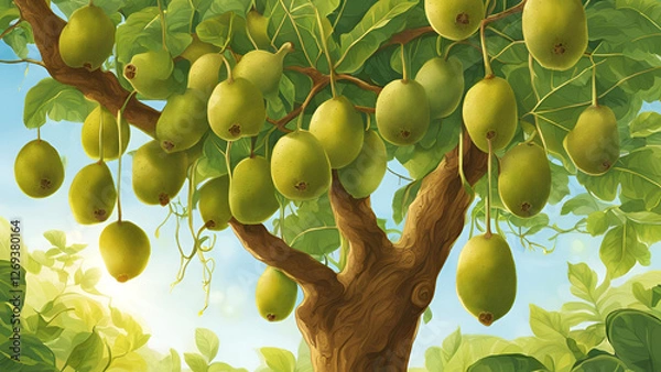 Fototapeta A kiwi tree featuring both its leaves and fruit