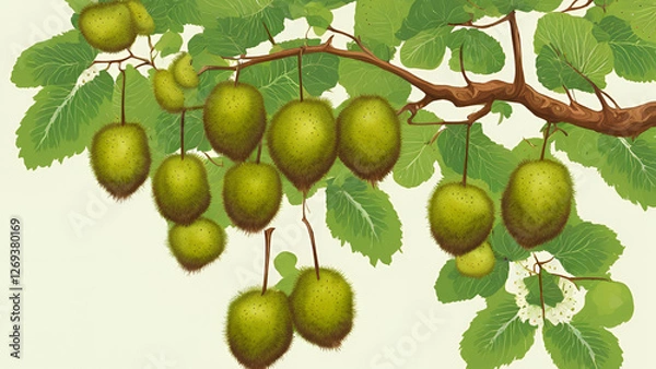 Fototapeta A kiwi tree displaying its leaves alongside the fruit