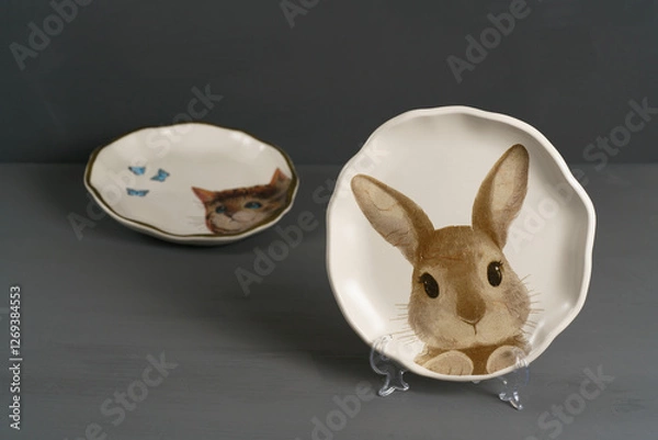 Obraz Two decorative plates featuring cat and rabbit illustrations, perfect for Easter-themed decor. Simple and colorful design on white plates, gray background, high resolution